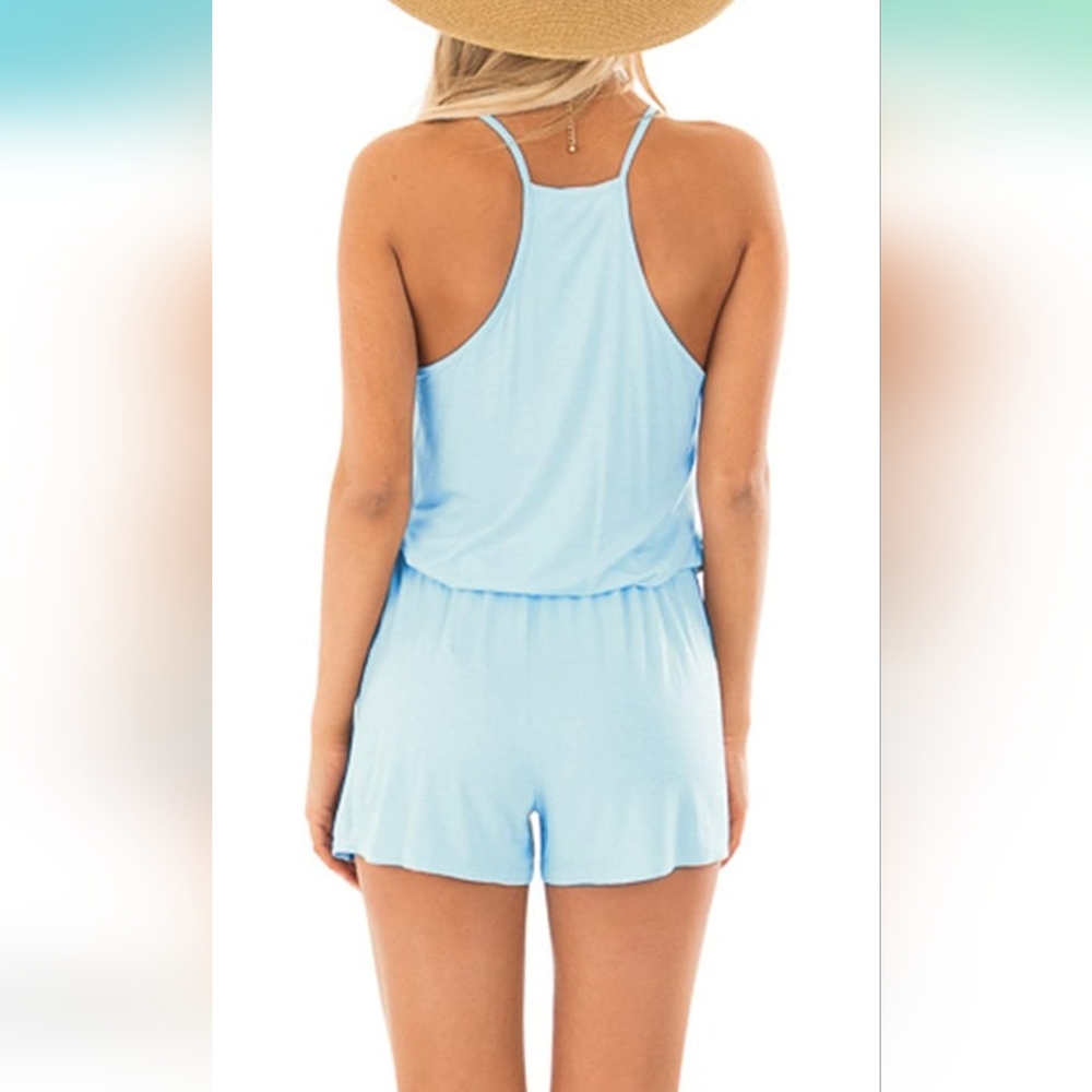 Womens Loose V Neck Spaghetti Strap Short Jumpsuit Romper - Picture 5 of 8